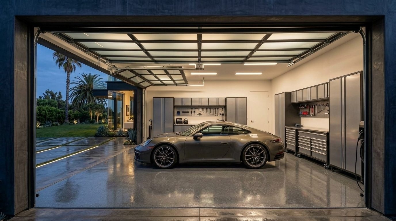 Balfour Garage Door Services Interior View of Custom Garage Door Overhead and Workshop